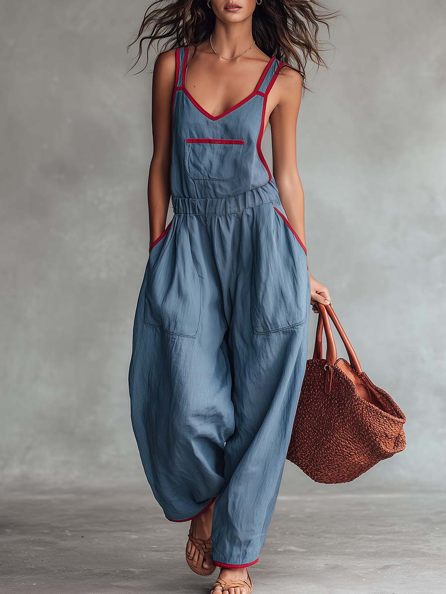 Retro-lässiger graublauer Jumpsuit mit V-Ausschnitt und roter Zierkante