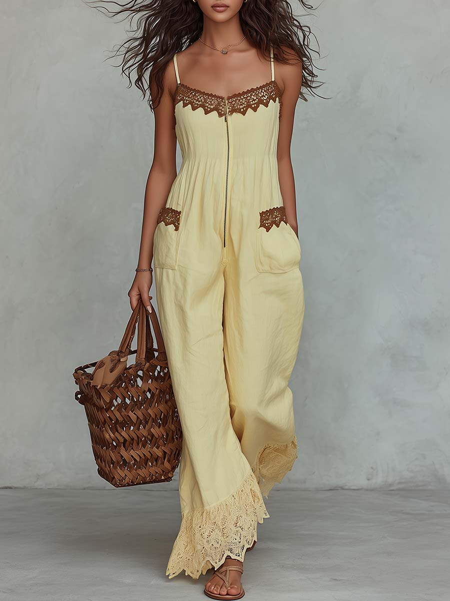 Damen-Jumpsuit aus Baumwoll-Leinen mit weitem Bein, Spitzenbesatz und Frontreißverschluss