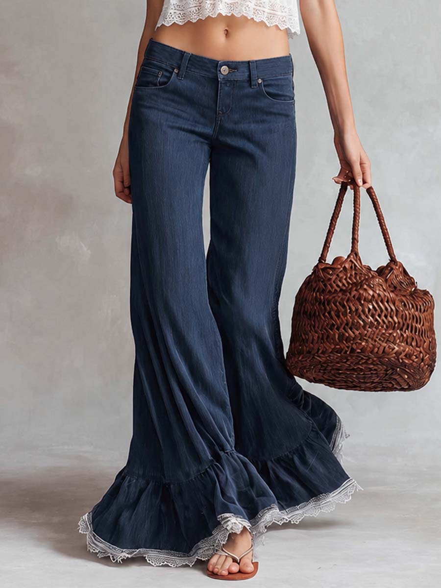 Modische Retro-Jeanshose aus Tencel in Dunkelblau mit Schößchensaum