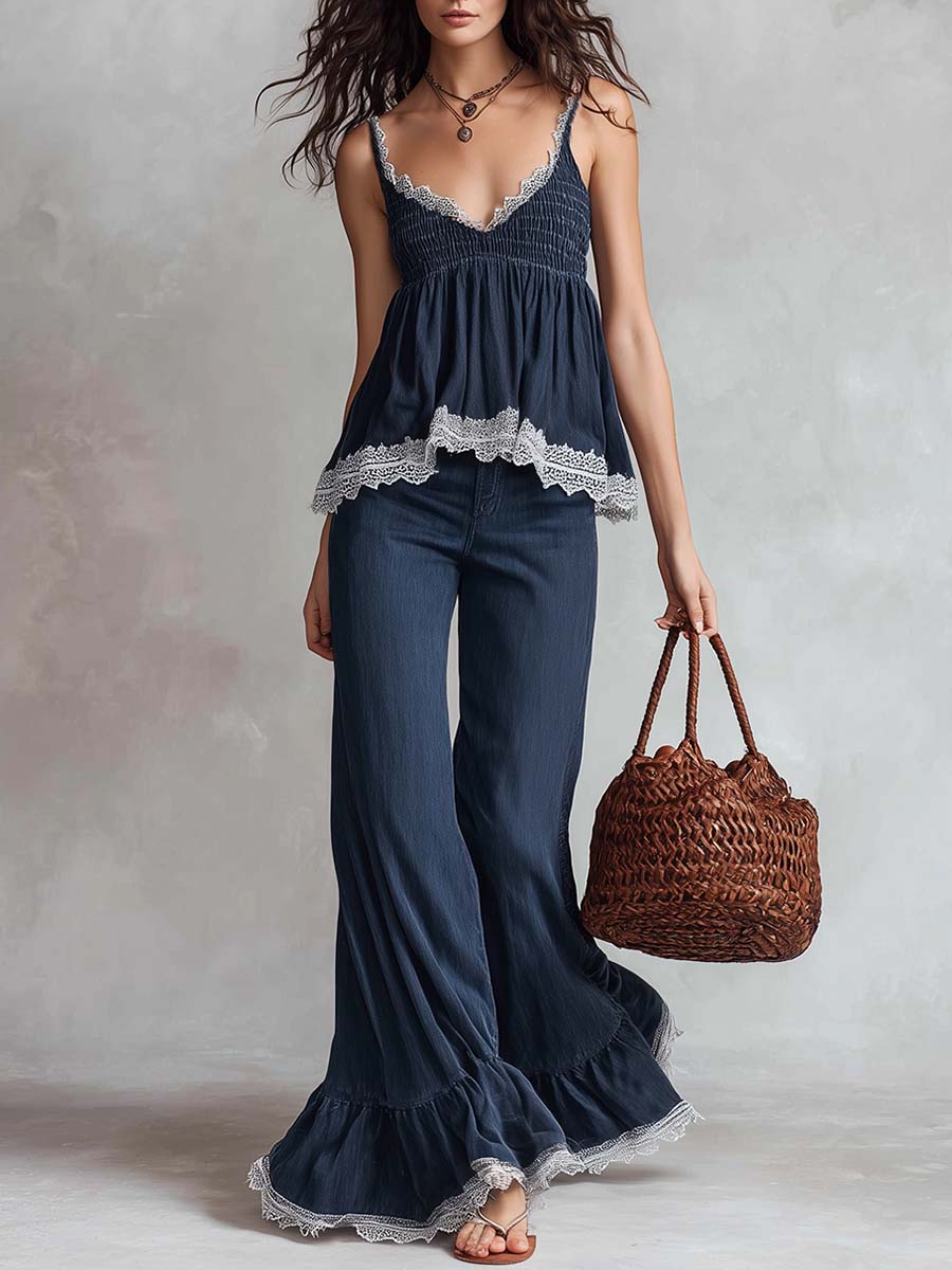 Modisches Retro-Set aus dunkelblauem Tencel-Denim mit Spitzen-Oberteil mit V-Ausschnitt und Hose