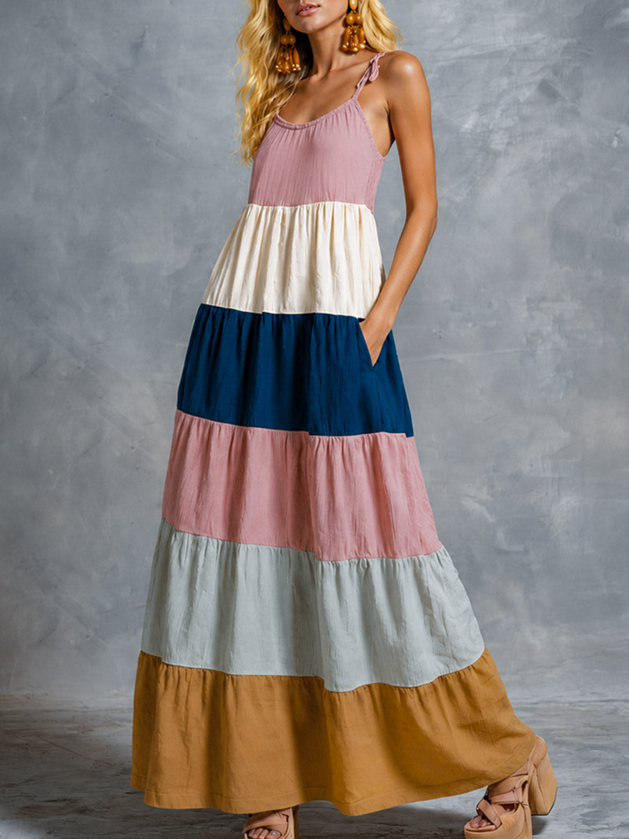 Vom Vintage-Stil inspiriertes mehrfarbiges Patchwork-Camisole-Maxikleid aus Baumwoll-Leinen