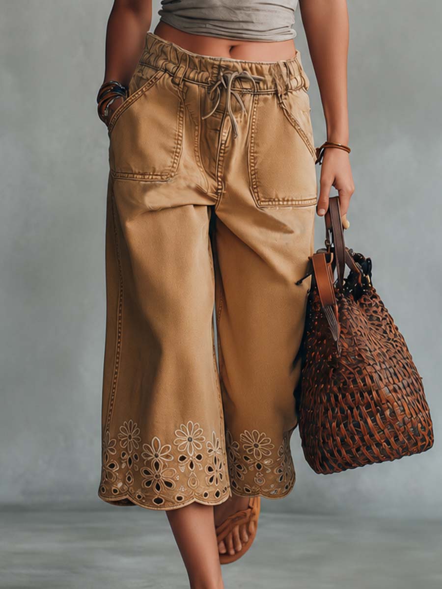 Verkürzte Boho-Retro-Jeanshose in Kamelbraun