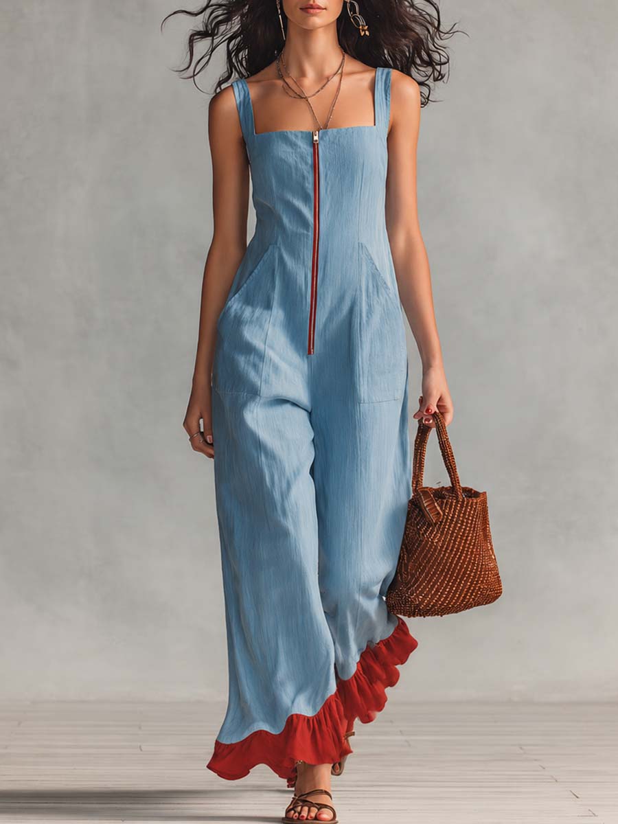 Retro-lässiger Jumpsuit aus hellblauem Baumwoll-Leinen mit Karree-Ausschnitt und Frontreißverschluss
