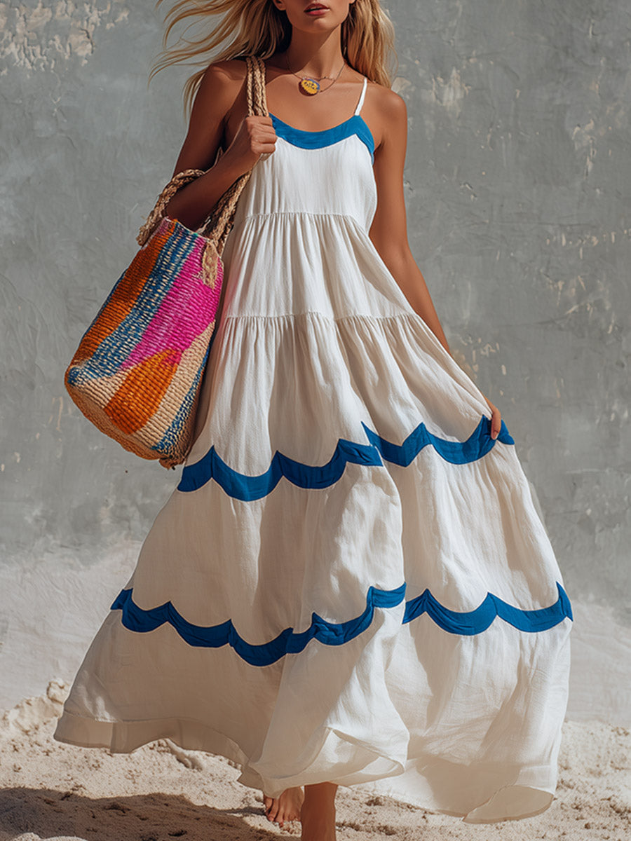 Retro Baumwoll-Camisole-Maxikleid mit Color-Block-Wellenbesatz in Cremeweiß
