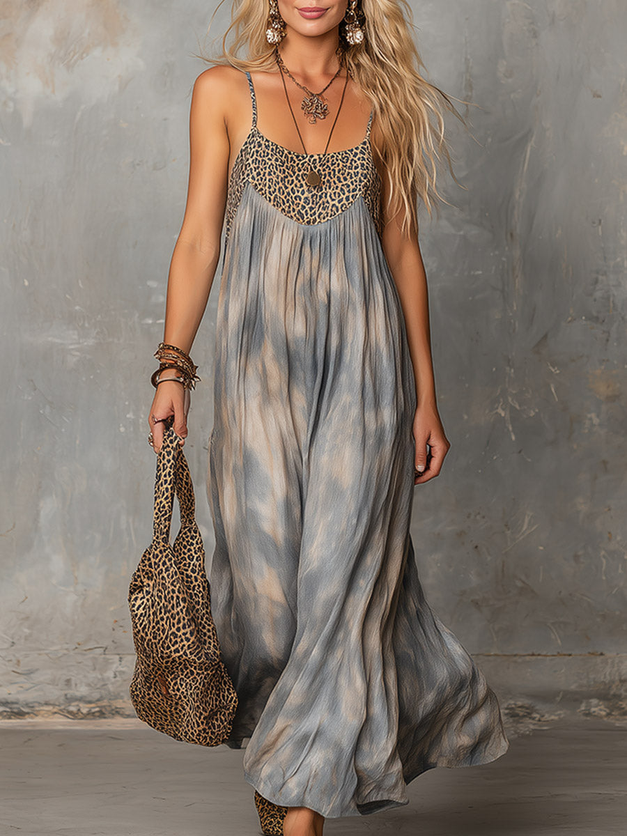 Vom Vintage-Stil inspiriertes Boho-Baumwoll-Leinen-Maxikleid mit Ölgemälde-Print in Staubblau