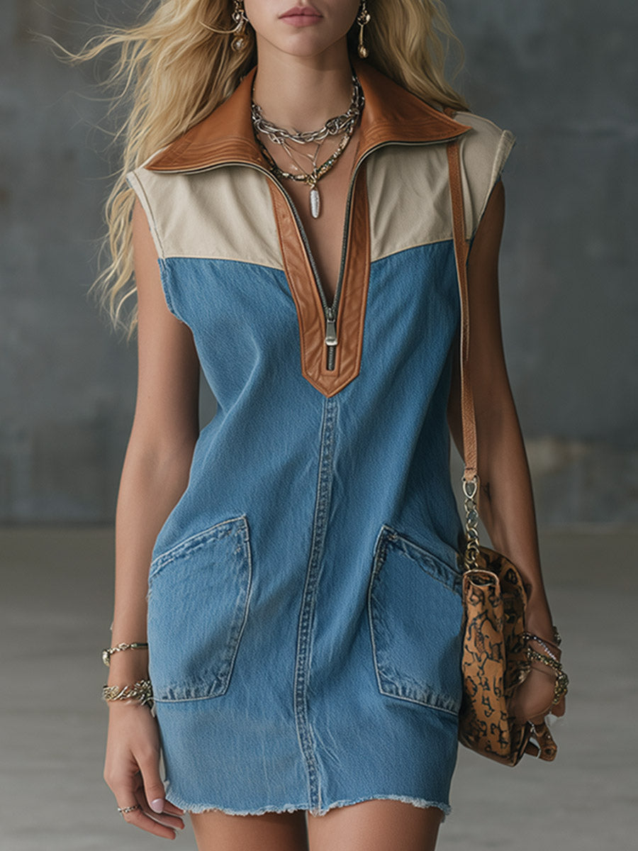 Casual-Chic Minikleid aus blauem Denim und PU mit Kragen