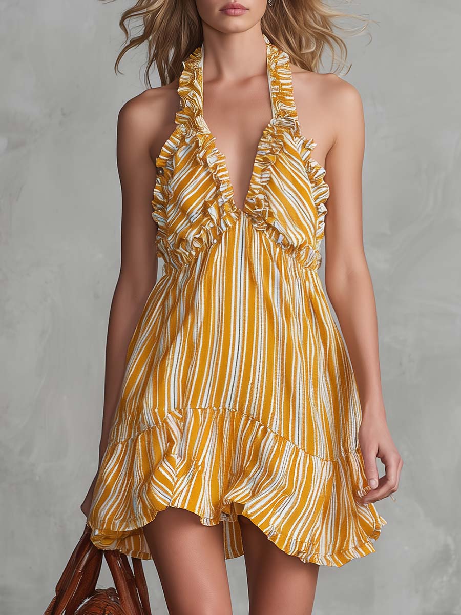 Vintage Urlaubs-Minikleid aus hellgelbem gestreiften Chiffon mit Neckholder, V-Ausschnitt und Rüschen