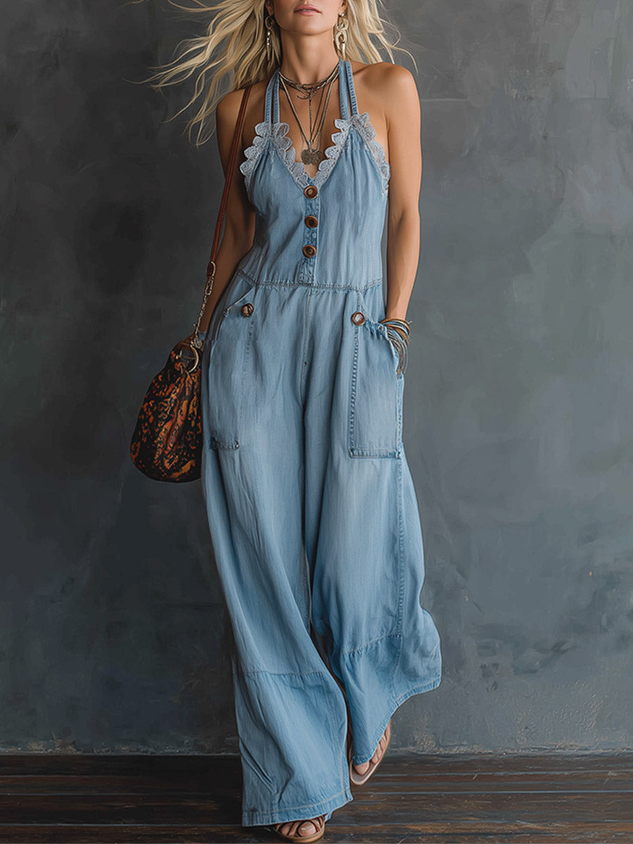 Ärmelloser hellblauer Denim-Jumpsuit im Retro-Stil mit Spitzenbesatz