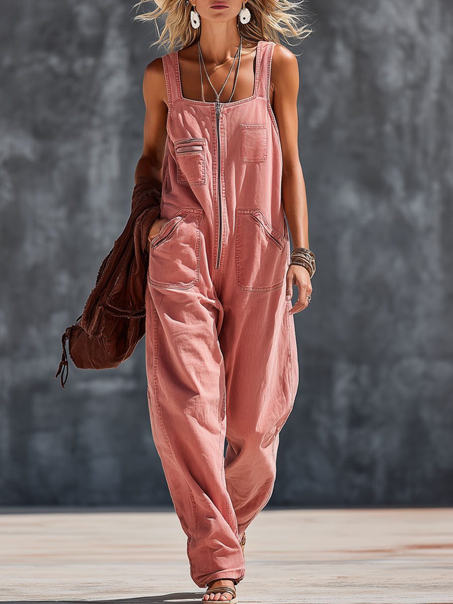Ärmelloser Retro-Jumpsuit aus rosa Denim im Western-Stil mit Reißverschluss