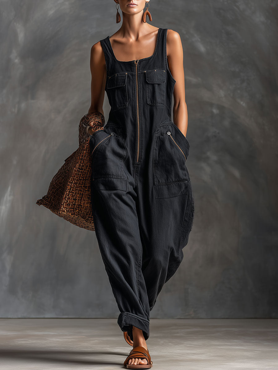 Lässiger ärmelloser Retro-Jumpsuit aus schwarzem Denim mit Reißverschluss