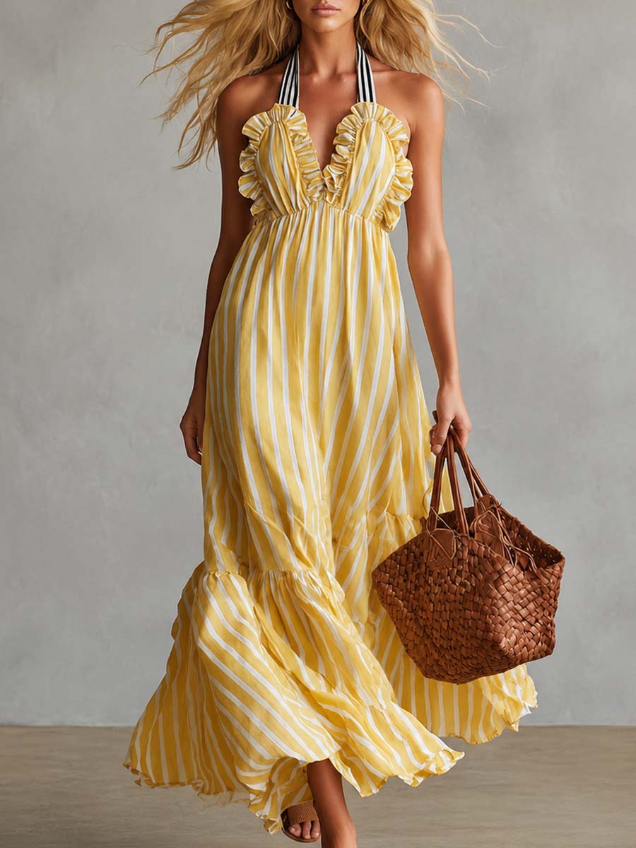 Vom Vintage-Stil inspiriertes Neckholder-Maxikleid im Urlaubsstil aus Chiffon mit Rüschen und hellgelben Streifen