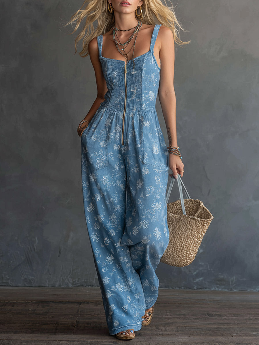 Romantischer, vintage-inspirierter blauer Denim-Jumpsuit mit Blumenprint und Karree-Ausschnitt