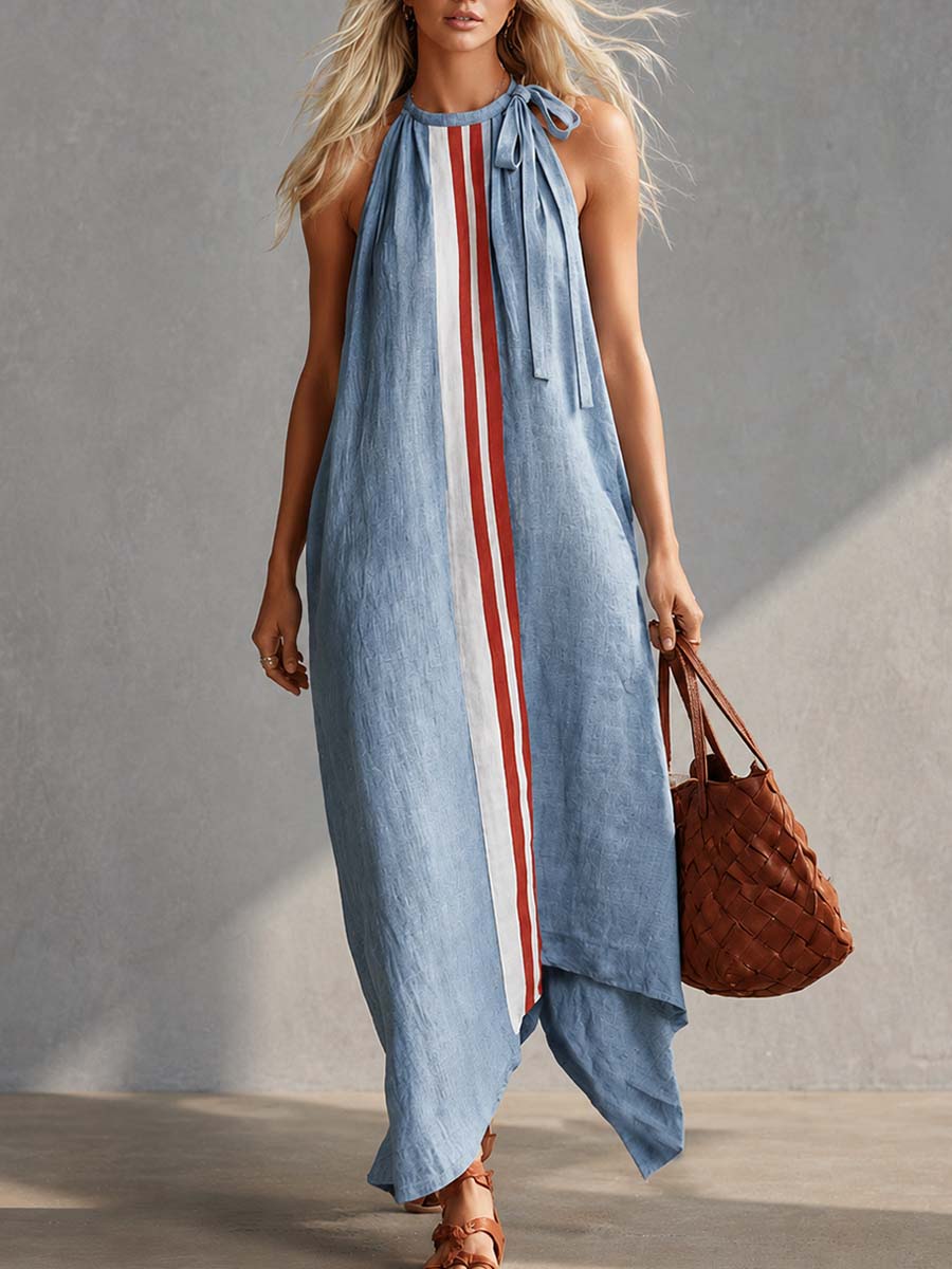 Legeres modisches Baumwoll-Leinen-Maxikleid mit Rundhalsausschnitt, Bändern und Kontrast in Hellblau