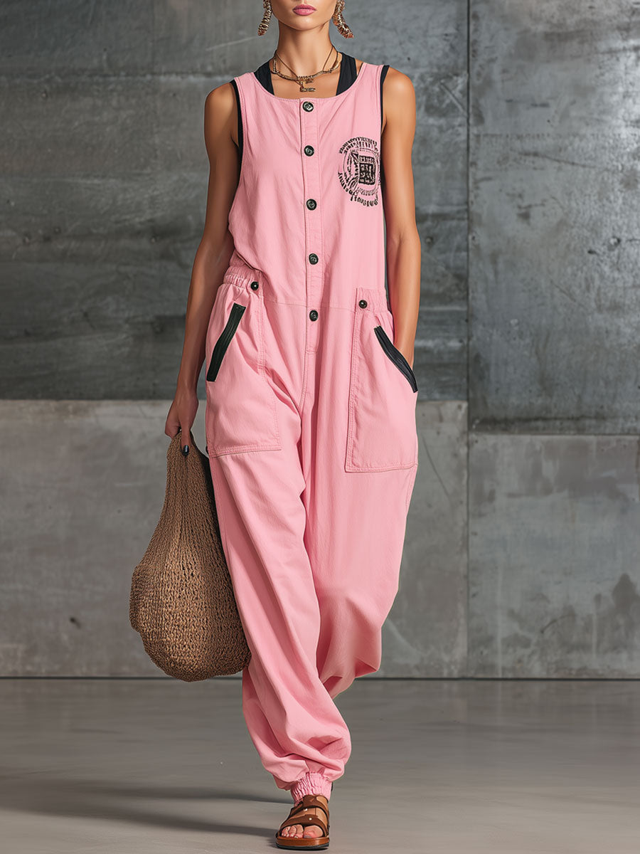 Sportlich-retro ärmelloser Baumwoll-Jumpsuit in Rosa mit Stickerei
