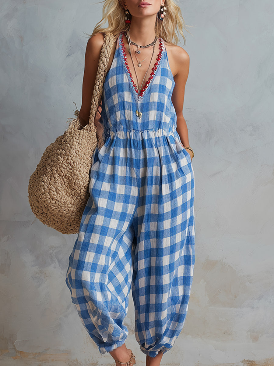 Lässig-schicker, locker geschnittener Baumwoll-Leinen-Jumpsuit mit blau-weißem Karomuster