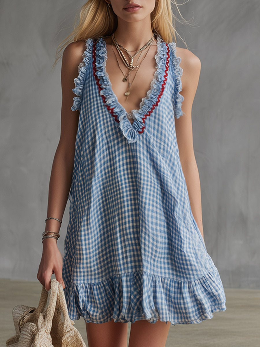 Casual-Chic Minikleid aus Baumwoll-Leinen mit blauem Karomuster und Rüschen