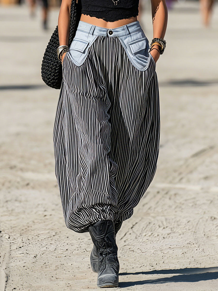 Western-Retro-Ballonhose aus Leinen und Denim mit schwarz-weißen Streifen