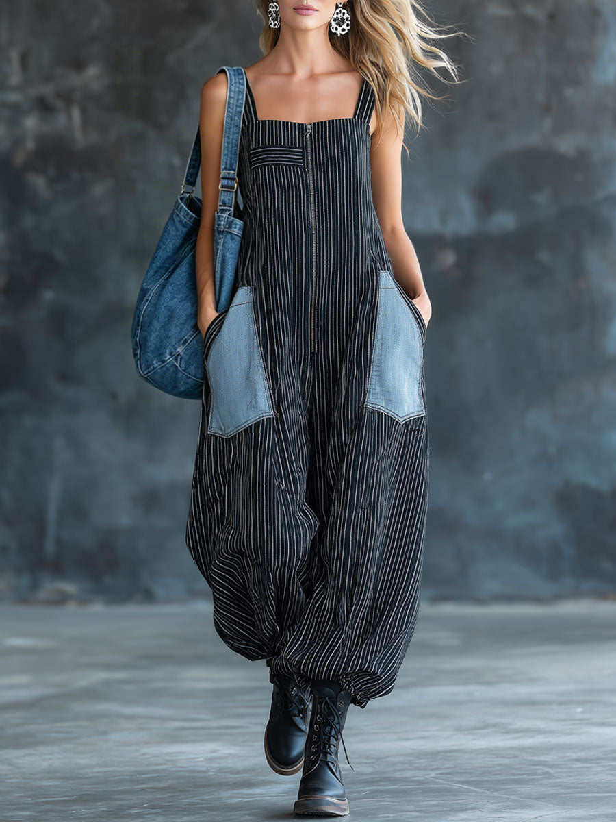 Lässiger ärmelloser Retro-Ballon-Jumpsuit aus Denim mit schwarz-weißen Streifen und Reißverschluss
