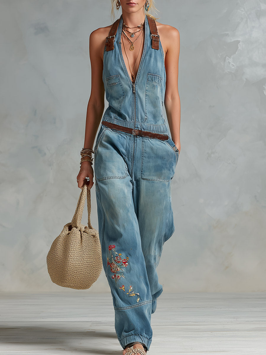 Blauer Denim-Jumpsuit im Retro-Stil mit bestickten Details und PU-Trägern