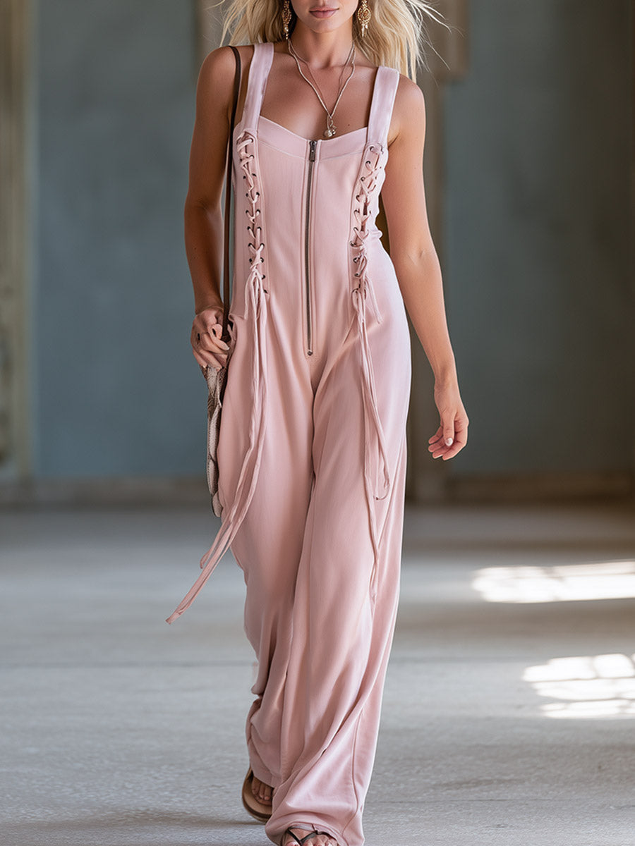 Lässig-sportlicher Alltags-Jumpsuit aus Baumwolle in Rosa mit Karree-Ausschnitt und Schnürung