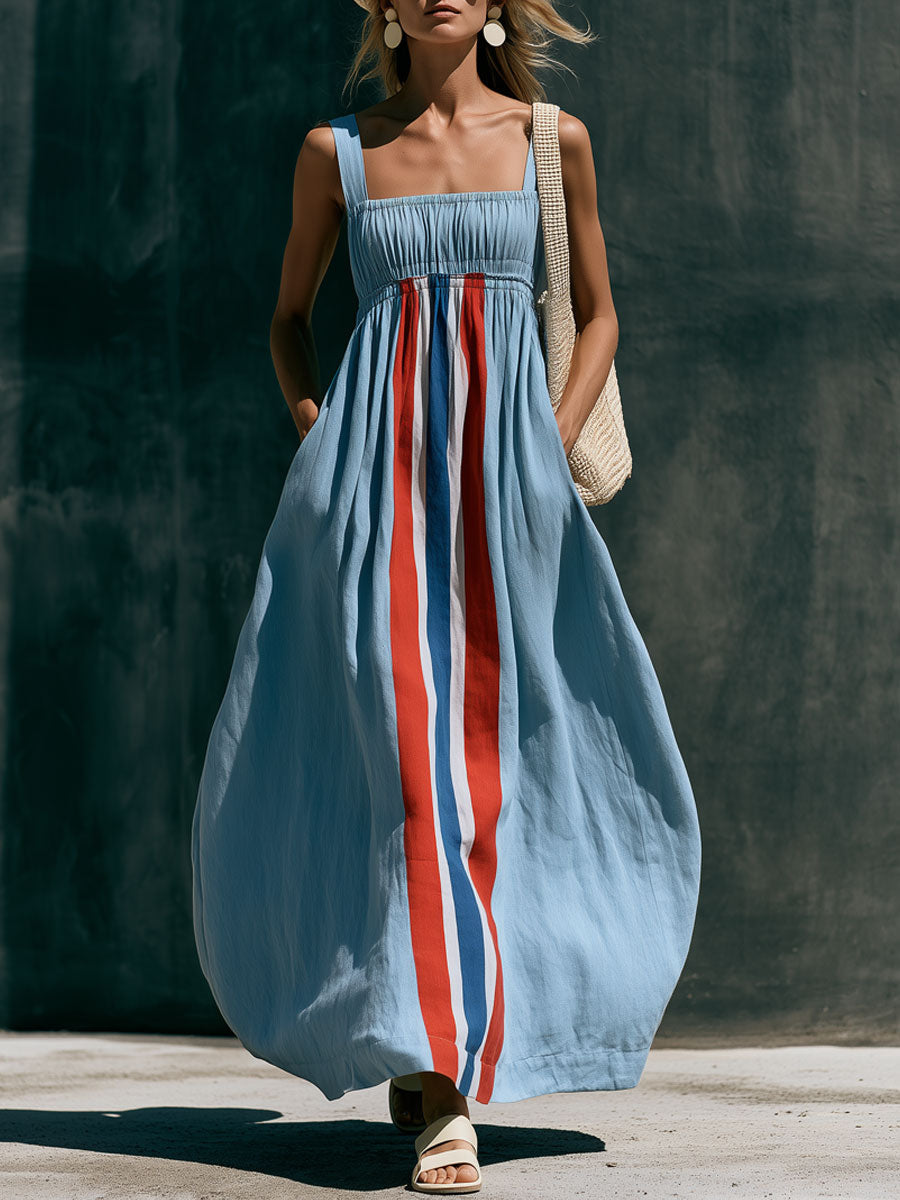 Ärmelloses Maxikleid im Retro-Urlaubsstil aus blauem Baumwoll-Leinen mit Color-Block-Streifen