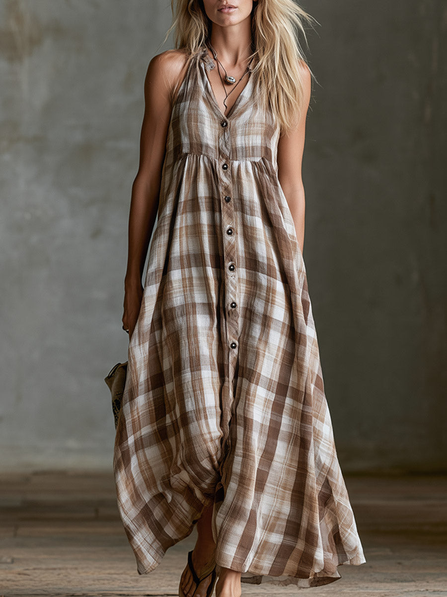 Retro Baumwoll-Leinen-Maxikleid im Urlaubsstil mit braun-weißem Karomuster