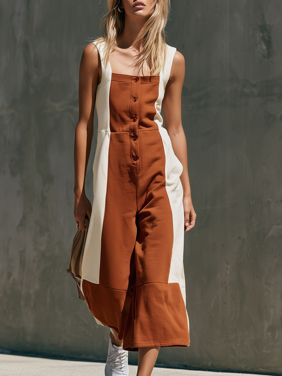 Lässiger Retro Baumwoll-Jumpsuit mit Color-Blocking und quadratischem Ausschnitt