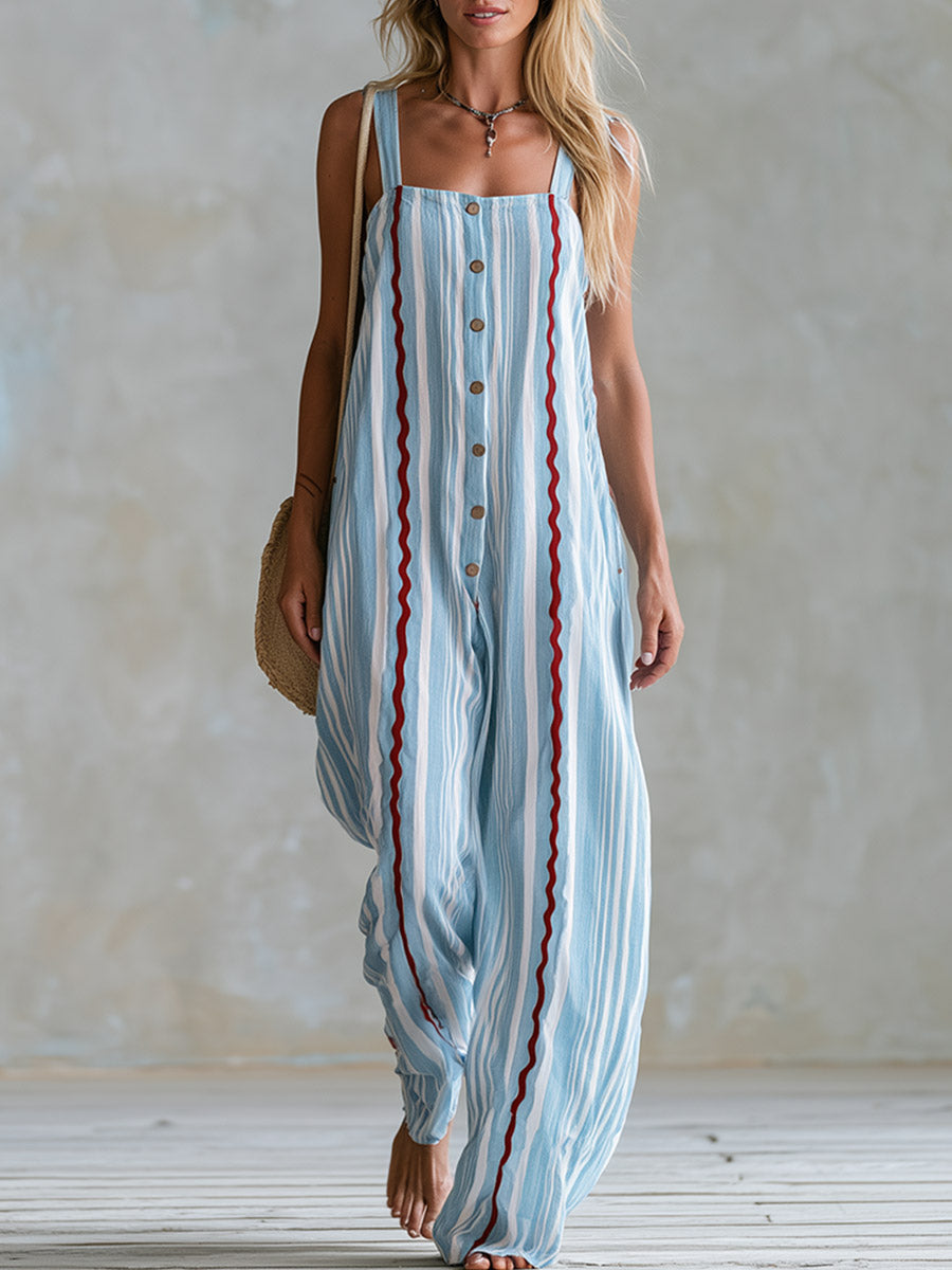 Casual-Chic Jumpsuit aus Baumwolle und Leinen mit blauen Streifen, Bogenkante und quadratischem Ausschnitt