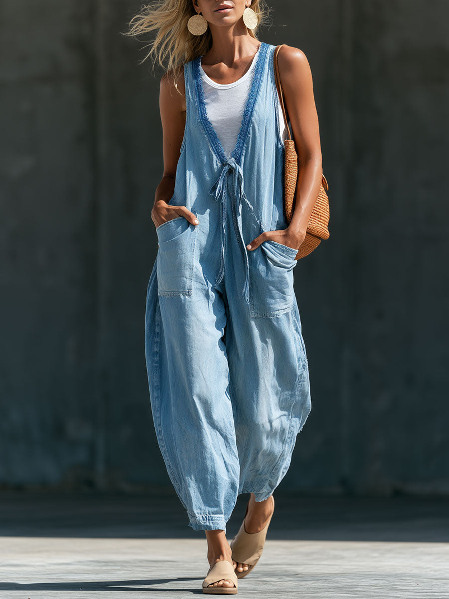 Modischer Retro ärmelloser Denim-Jumpsuit in Hellblau mit V-Ausschnitt und Schnürung
