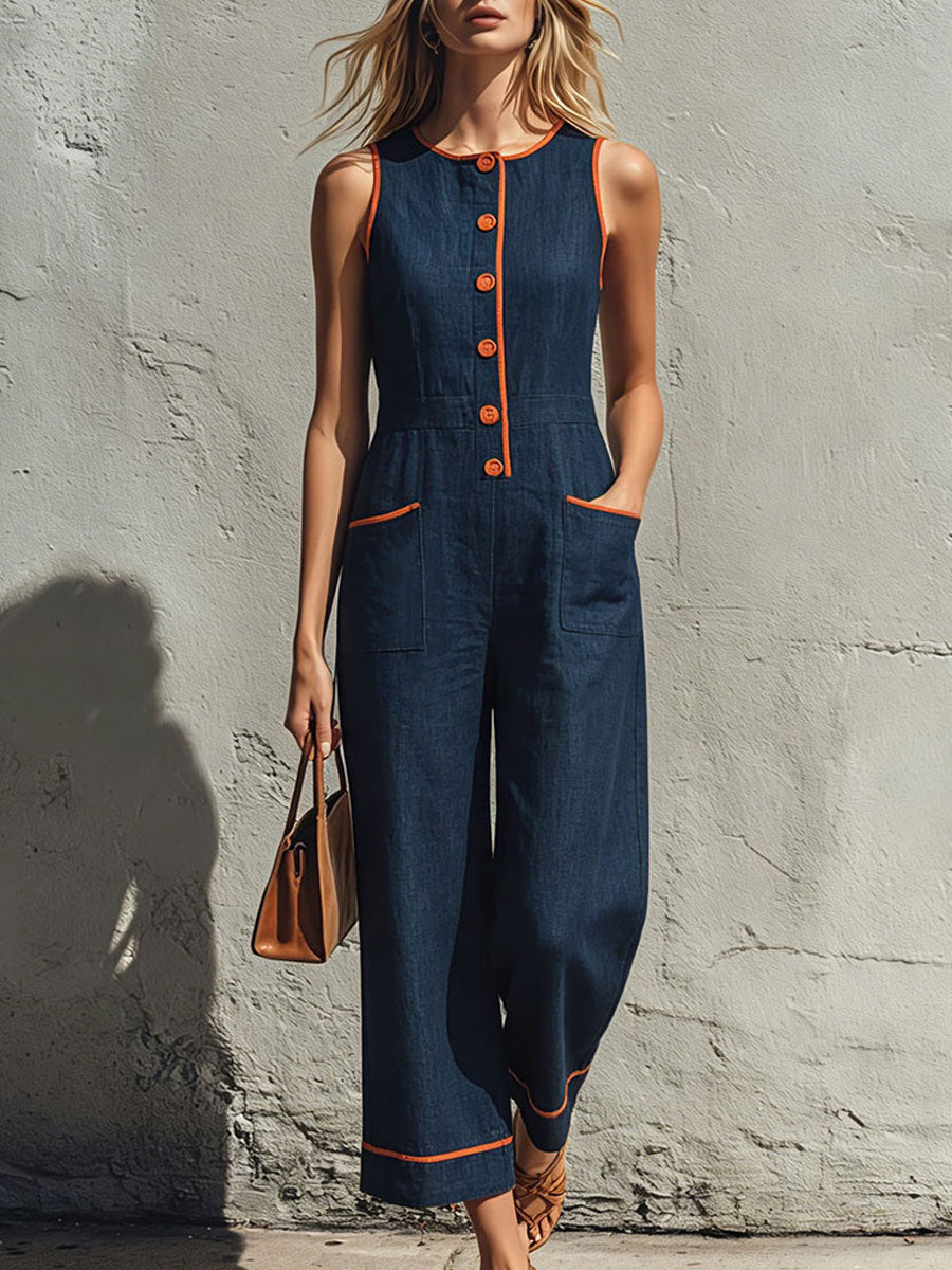 Lässiger Retro ärmelloser Jumpsuit aus Baumwolle und Leinen in Blau mit Color-Blocking-Besatz und Rundhalsausschnitt