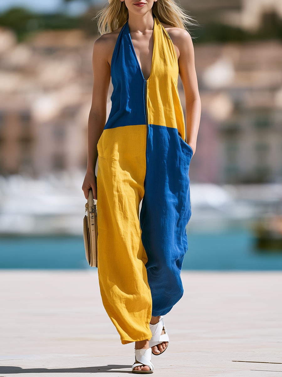 Lässiger Retro ärmelloser Jumpsuit aus Baumwolle und Leinen mit V-Ausschnitt im Color-Blocking in Gelb und Blau