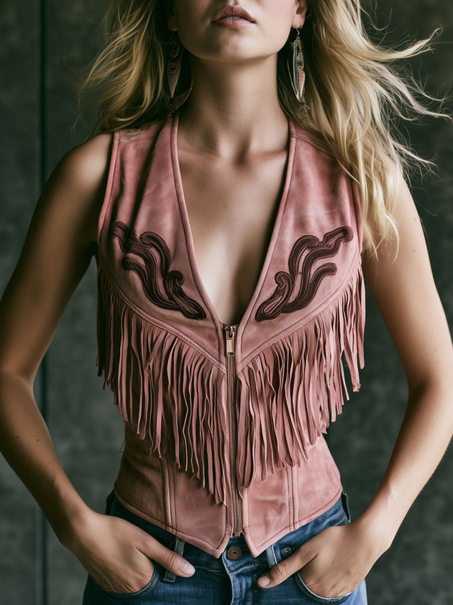 Rosa Western-Retro-Weste aus Kunstwildleder mit Stickerei und Fransen