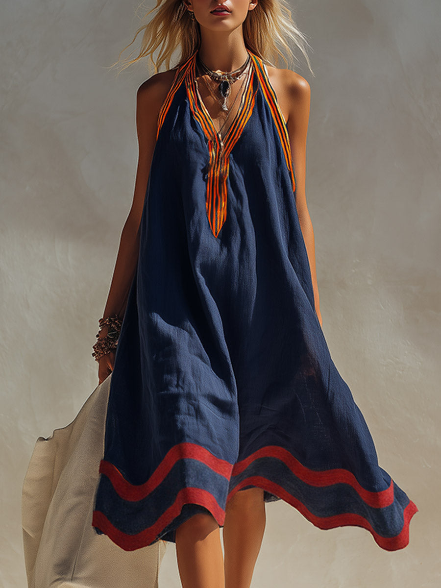 Vintage-Eleganz trifft auf Wellenkante – marineblaues Midikleid aus Baumwoll-Leinen