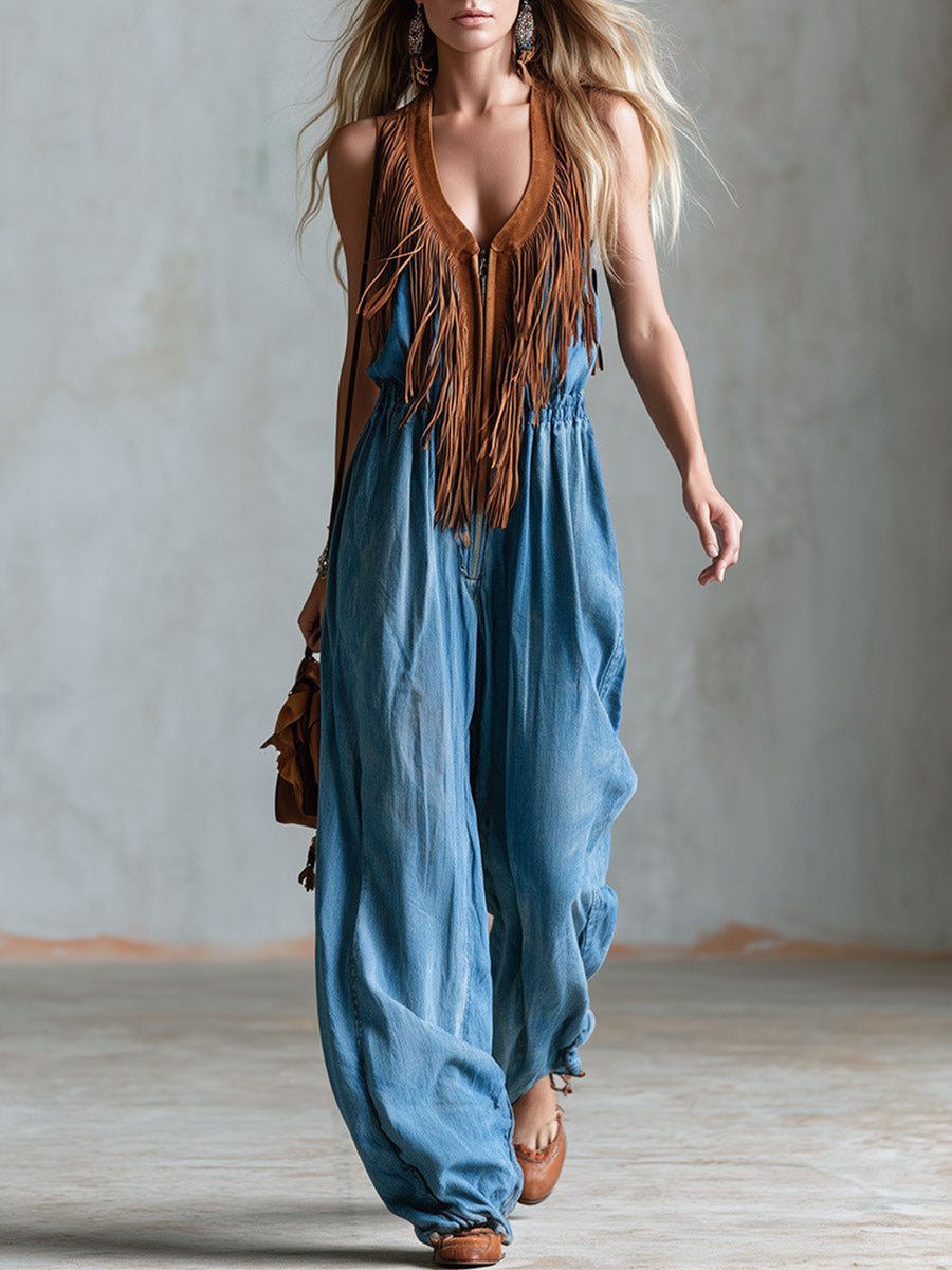 Blauer Denim-Jumpsuit im Vintage-Stil mit Fransen aus braunem Kunstwildleder