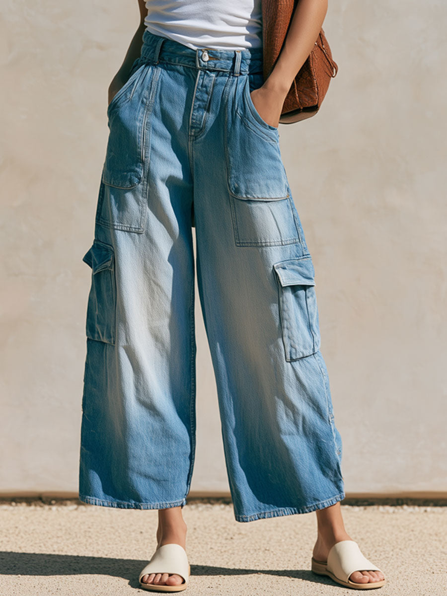 Lässige verkürzte Retro-Workwear-Jeans in Hellblau