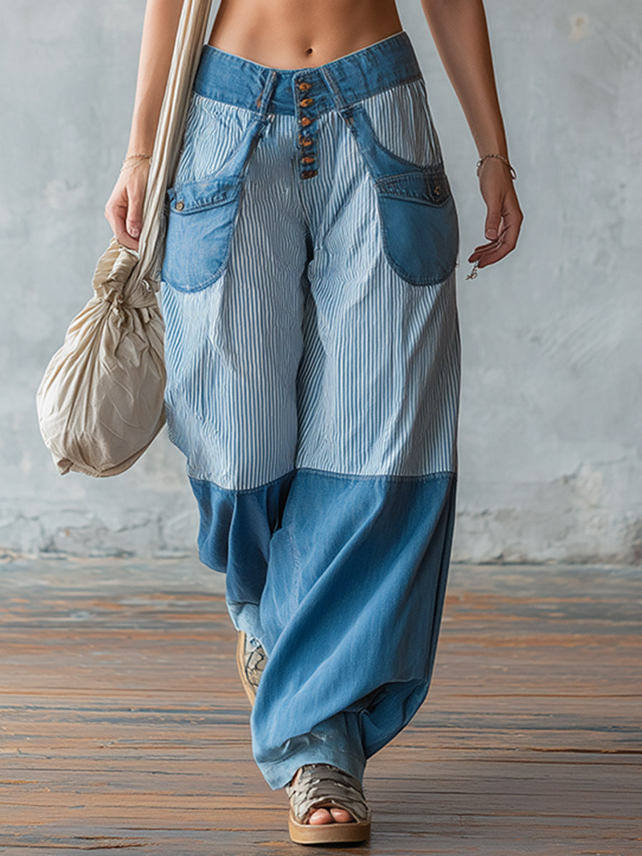 Lässig-schicke hellblaue Patchwork-Jeans mit Streifen