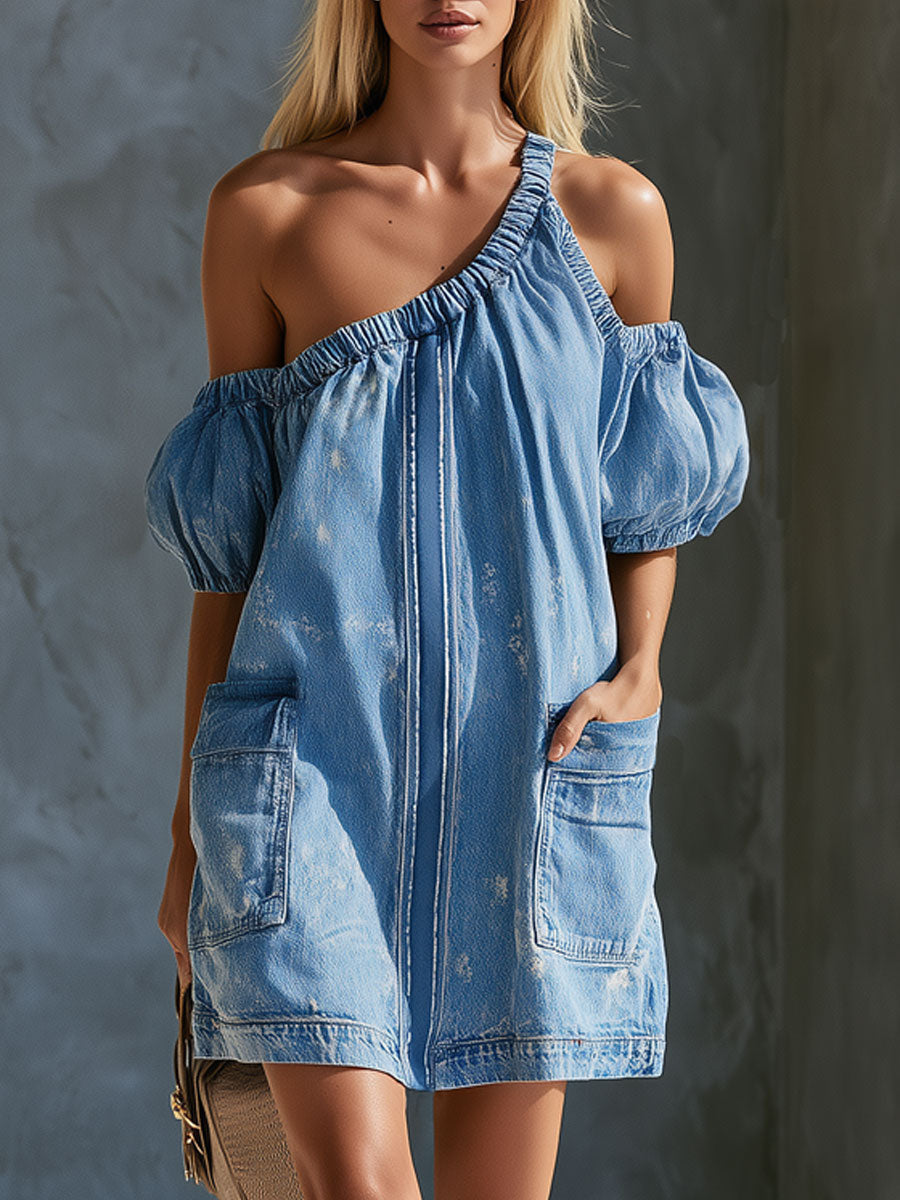 Lässiges Retro Denim-Minikleid in Blau mit schulterfreiem Design und Puffärmeln