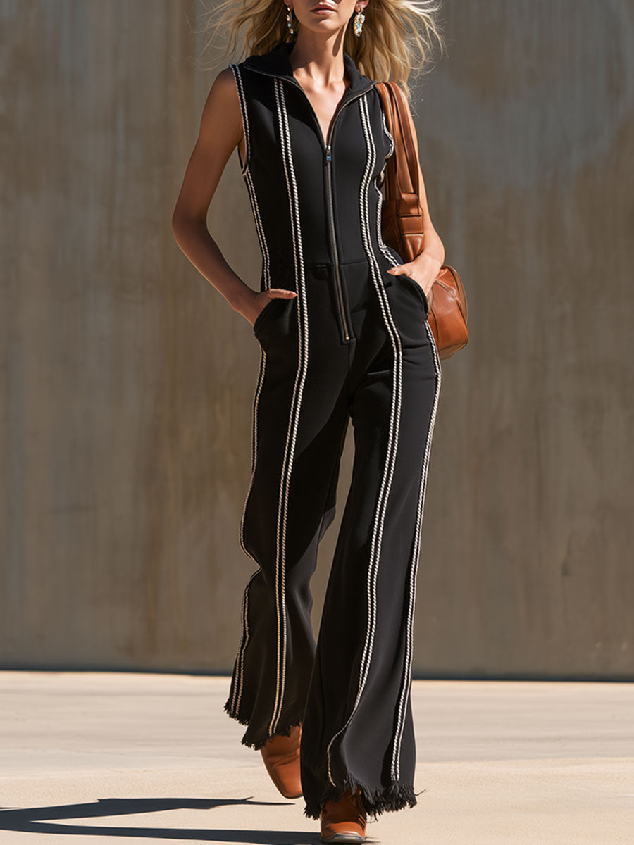 Sportlicher Retro ärmelloser Baumwoll-Jumpsuit in Schwarz mit Gurtband und ausgefransten Kanten