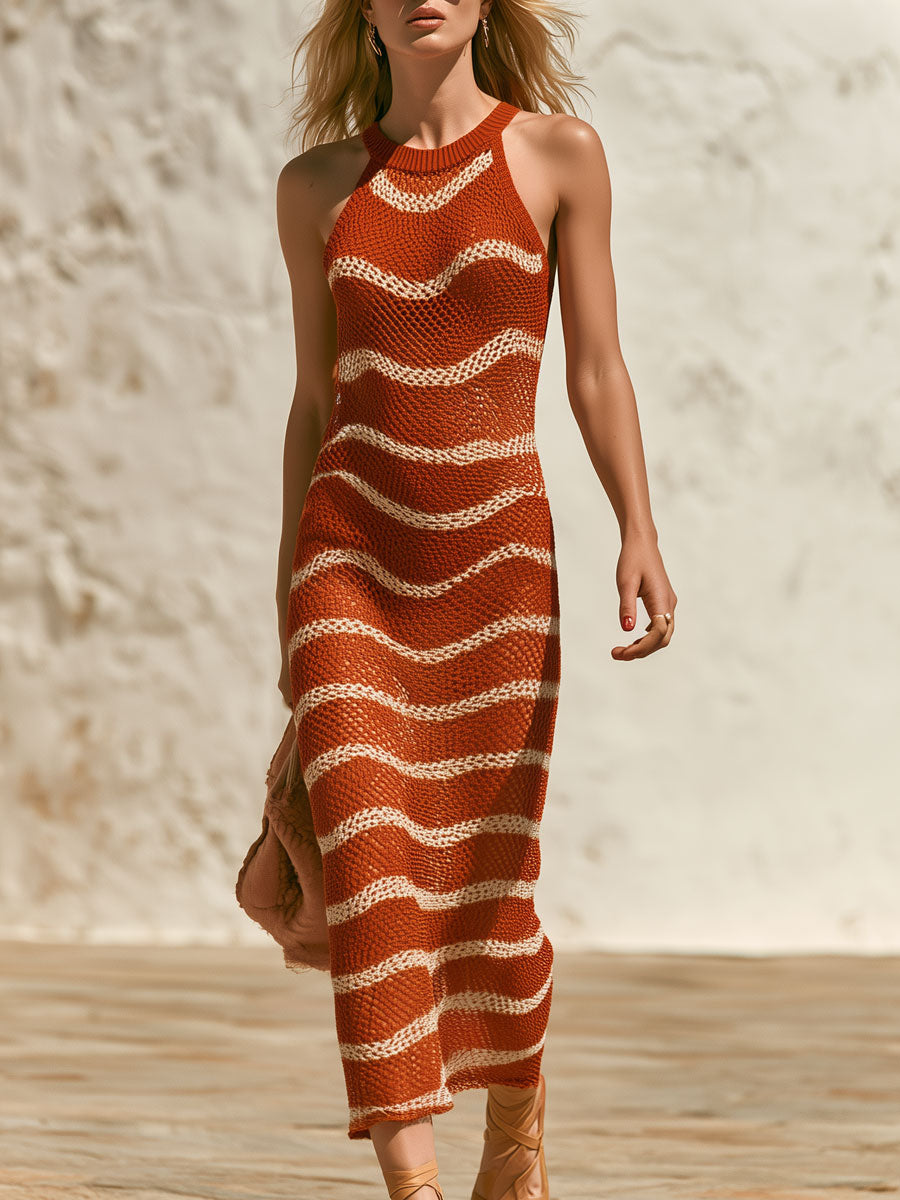 Retro Strick-Midikleid in Weiß mit orangefarbenem Wellenmuster, ärmellos und mit Rundhalsausschnitt