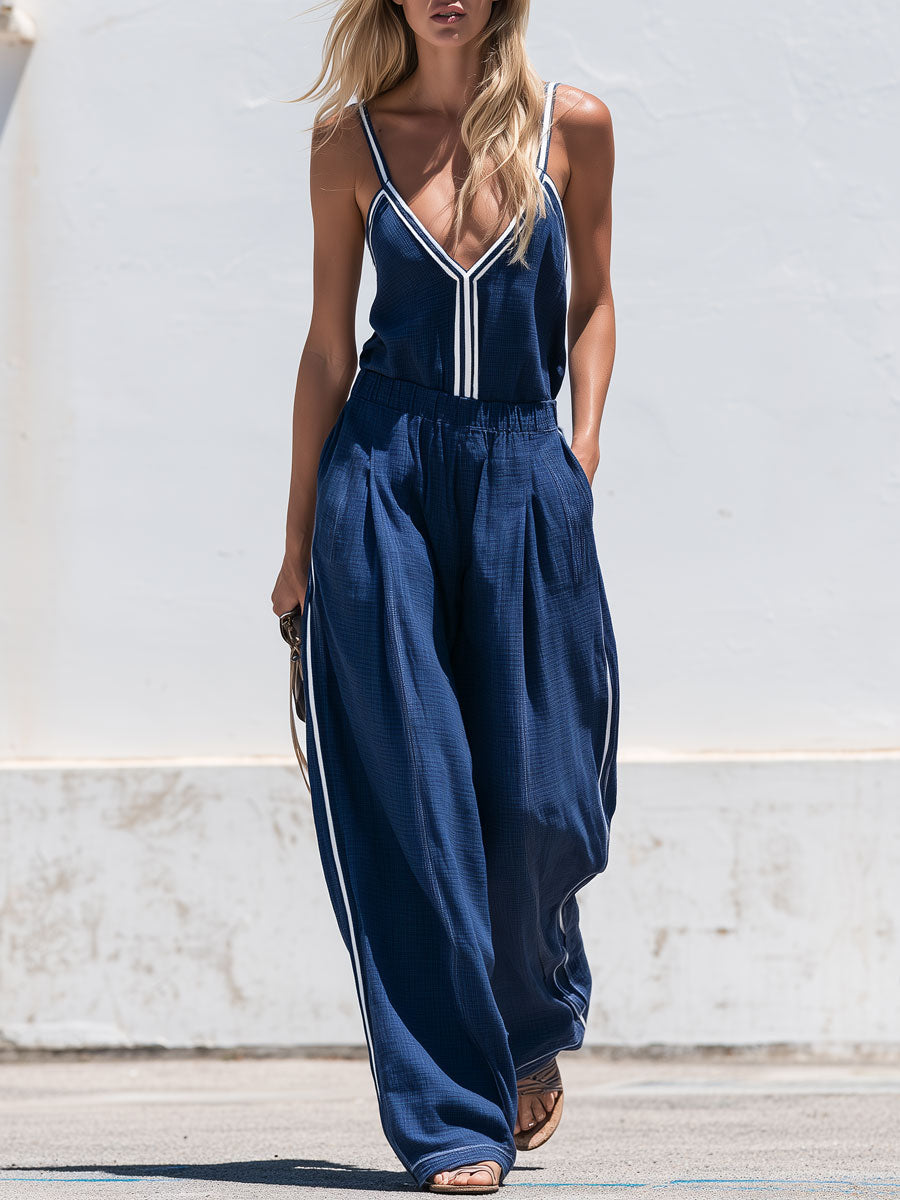 Lässiges Set aus blauer Baumwoll-Leinen-Weste und Hose mit Color-Blocking im Retro-Stil