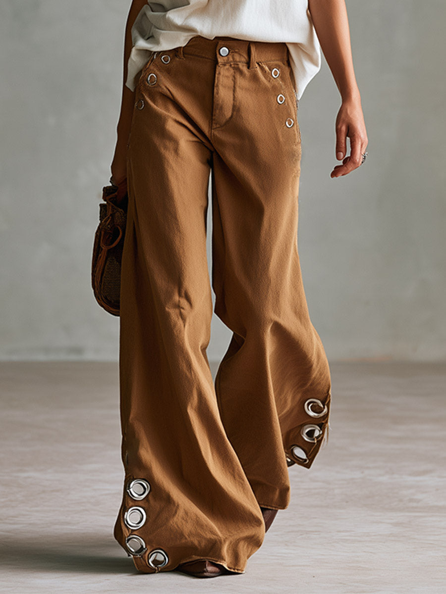 Vielseitige karamellfarbene weite Hose im Retro-Stil mit Metallösen