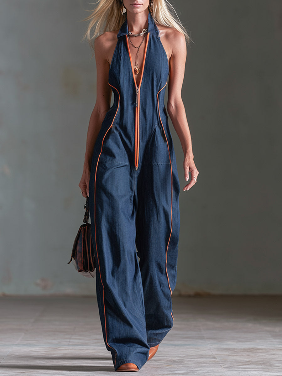 Retro lässiger Denim-Jumpsuit im Workwear-Stil in Dunkelblau mit kontrastfarbenem Besatz