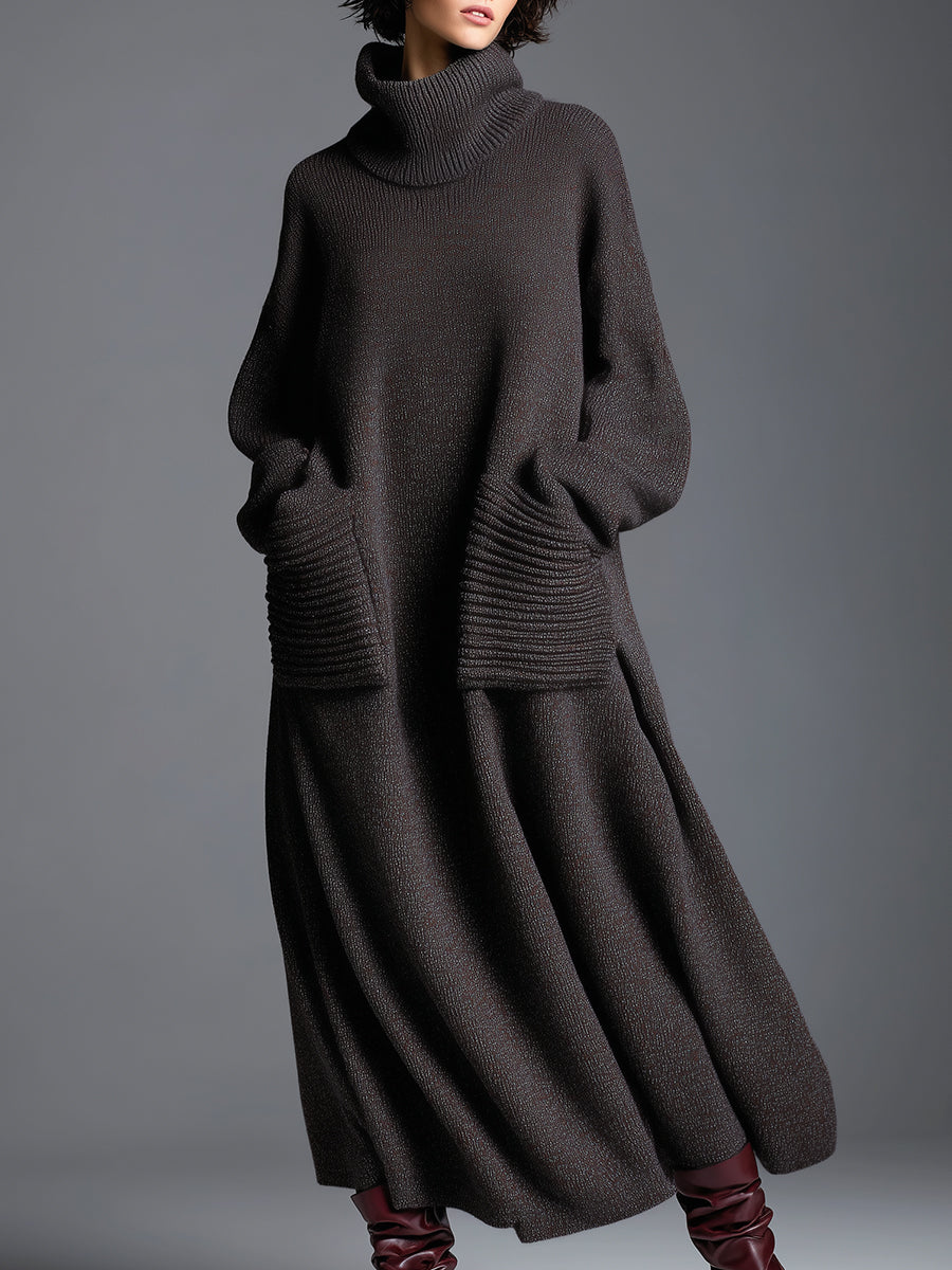 Hochwertiges modisches braunes Strick-Maxikleid mit lockerem Ausschnitt