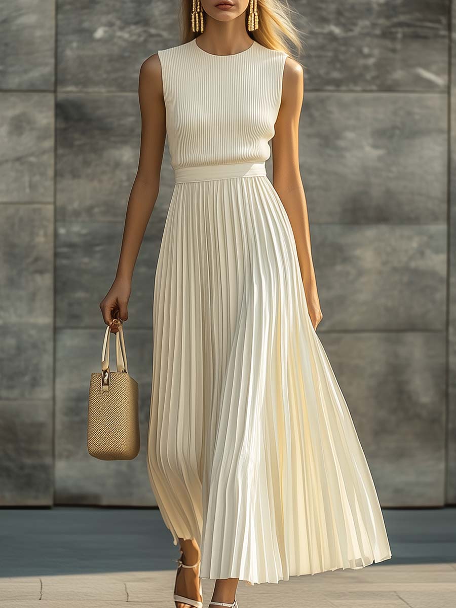 Elegantes, lässiges und bequemes cremefarbenes Maxikleid aus Strick und Chiffon mit plissiertem Saum