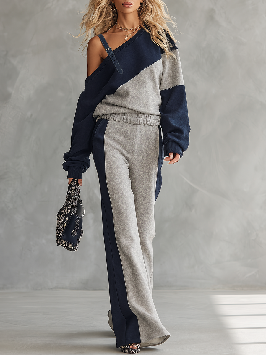 Casual Sportswear-Set aus Patchwork-One-Shoulder-Sweatshirt und Jogginghose