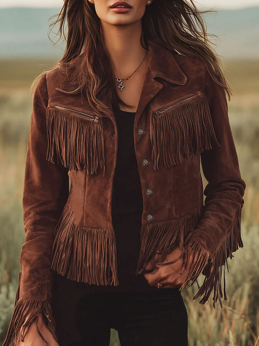 Wildlederjacke im Westernstil in Braun mit Fransen und Reißverschluss