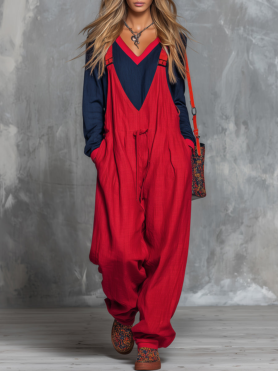 Retro-Boho-Set aus Colorblock-Oberteil aus Baumwolle und Leinen mit Latzhose