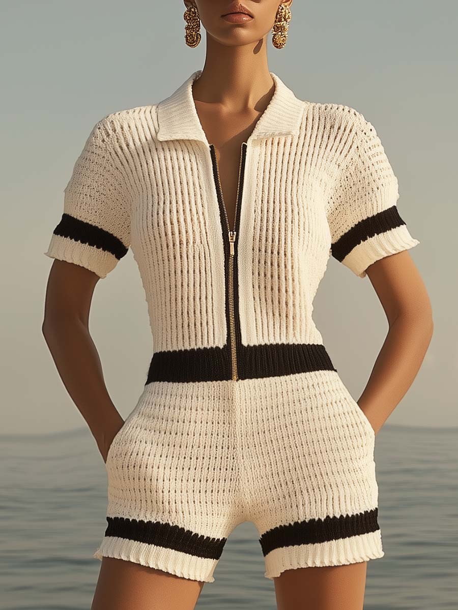 【Versand innerhalb von 24 Stunden】Atmungsaktiver Modischer Strick-Shorts-Jumpsuit mit Reißverschluss vorne und kurzen Ärmeln