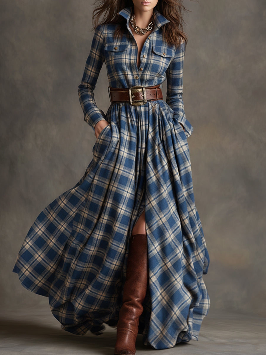 Retro-Maxikleid im Ethno-Stil mit Revers und rotbraunem Karomuster