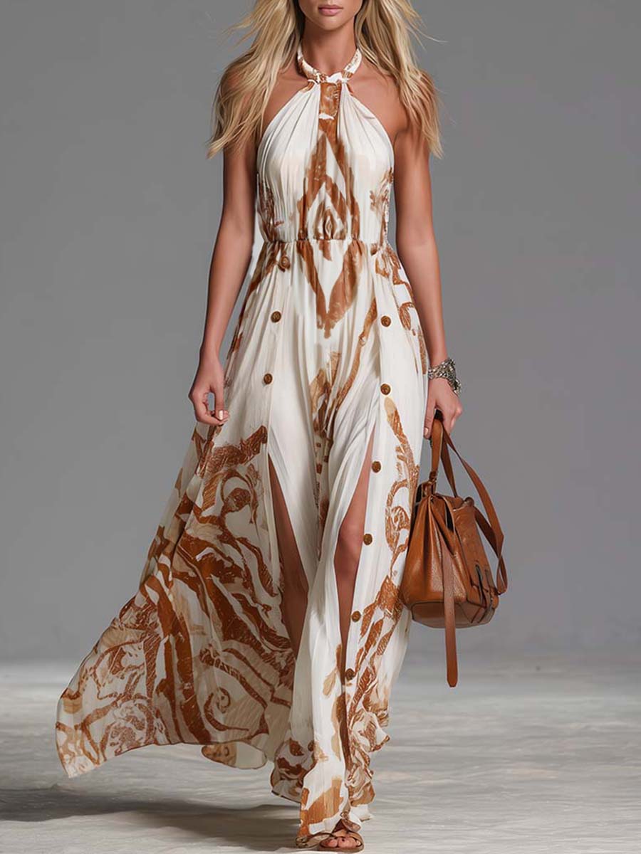 Vintage-Boho-Maxikleid mit Neckholder und braunem Western-Print aus cremeweißem Chiffon mit Schlitz